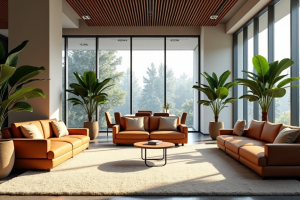 Lounge area featuring orange sofas, a round coffee table, and large indoor plants in a bright office space.