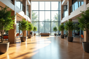 Interior view of a company head office featuring large windows and potted trees.