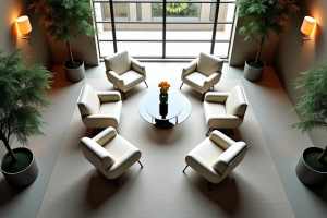 Seating area in an office with four white chairs, a glass table, and indoor plants.