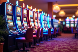 Illuminated slot machines lined up in a casino with colorful lighting and empty chairs.