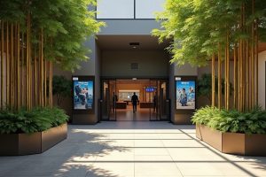 Entrance area of a modern building featuring large movie posters on either side and greenery in planters.