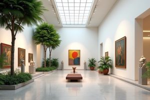 Interior view of an art gallery featuring sculptures and paintings with greenery.